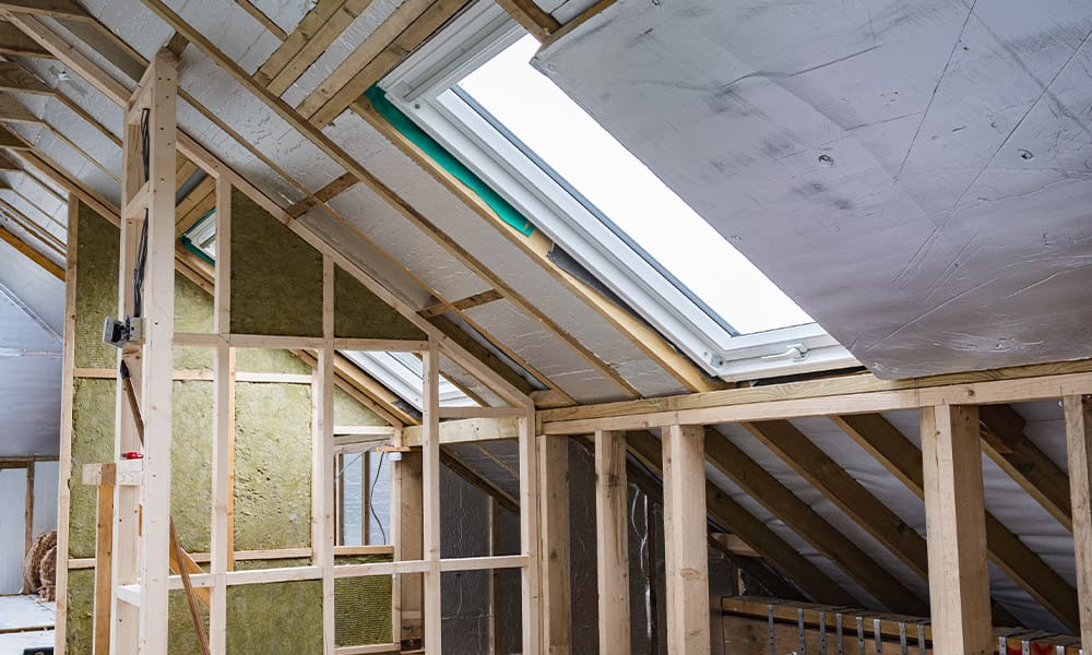 Home Renovations and Insurance- What You Must Know - Loft Conversion, Unfinished Project, Silver Insulation, Roof Windows, Wood Structure of the Walls, Selective Focus